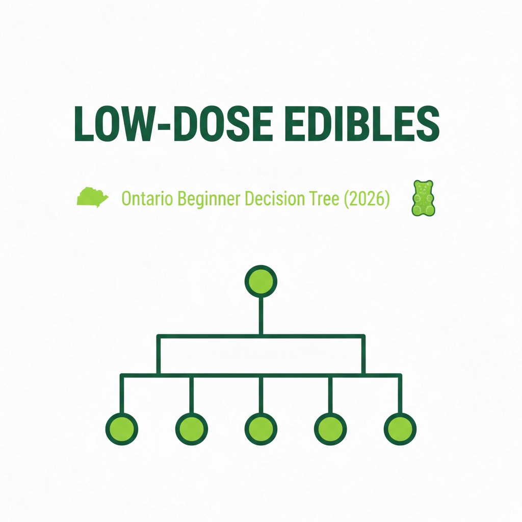 Low-dose edibles Ontario beginner decision tree featured image with gummy icon and Ontario outline