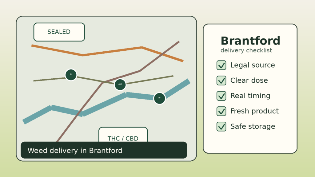 Brantford Ontario weed delivery checklist with route map and legal buying steps