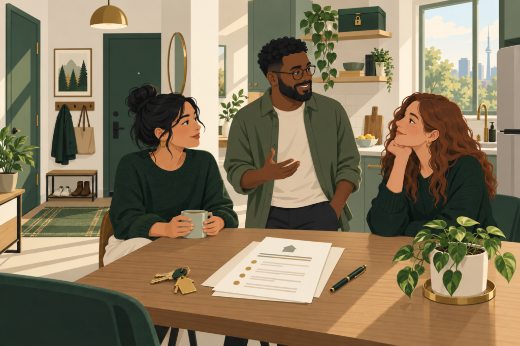 Three adult roommates discussing a shared-housing agreement at a kitchen table, with a locked storage box on a shelf.