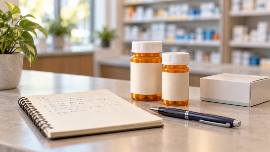 AI-generated illustration of a notebook, pen and closed medicine containers on a consultation desk